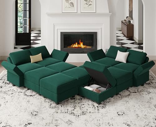 Oversized Velvet Blue Modular Sectional Sofa with Storage Ottomans G788