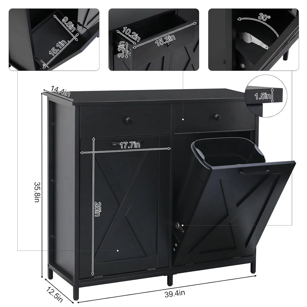 Double Tilt Out Trash Cabinet Freestanding Recycling Cabinet Garbage Can Holder with Drawers A657444