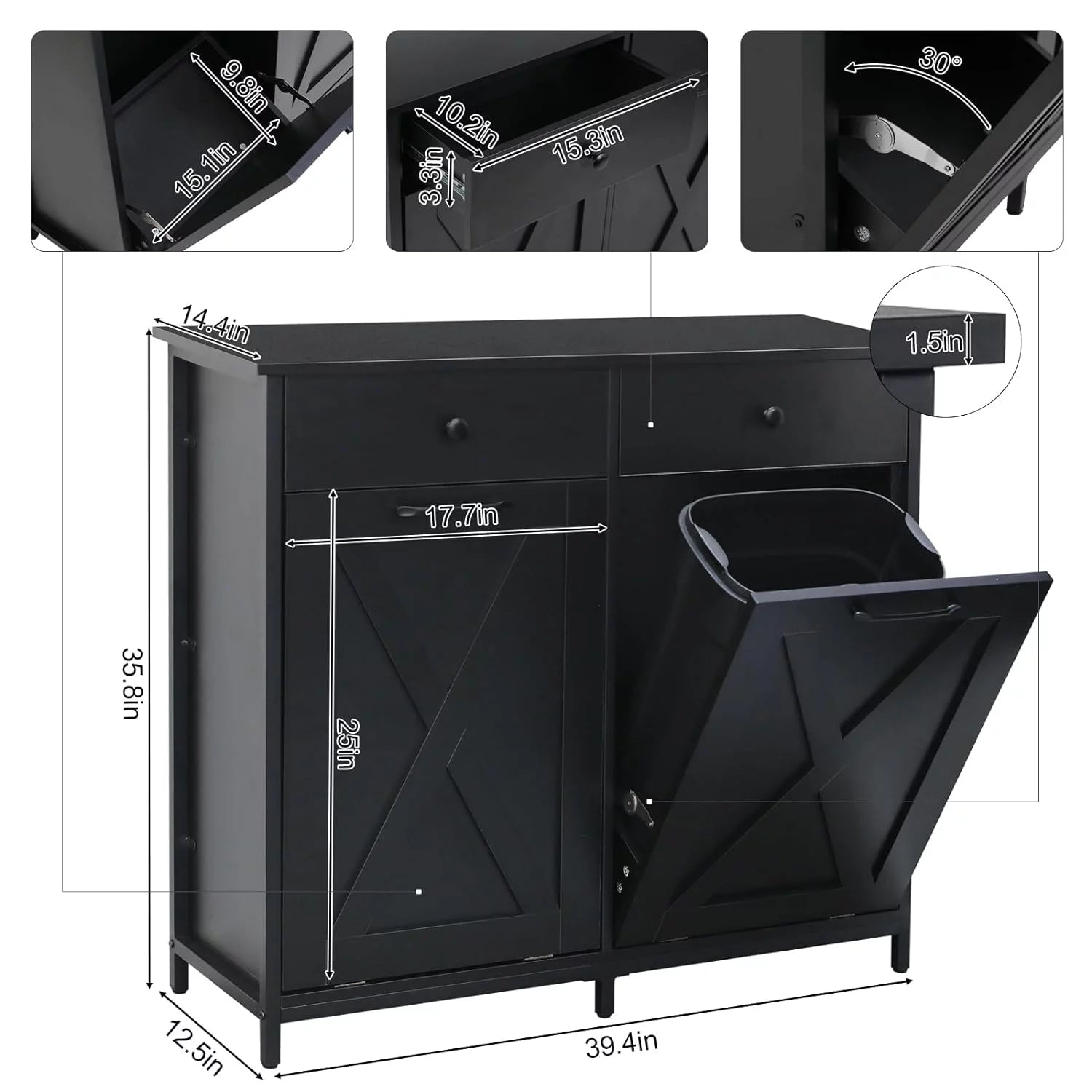 Double Tilt Out Trash Cabinet Freestanding Recycling Cabinet Garbage Can Holder with Drawers A657444