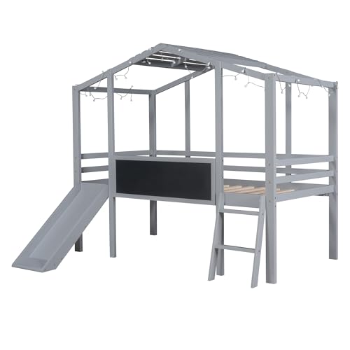 White Twin Low Loft Bed with Slide and Storage Shelves A880