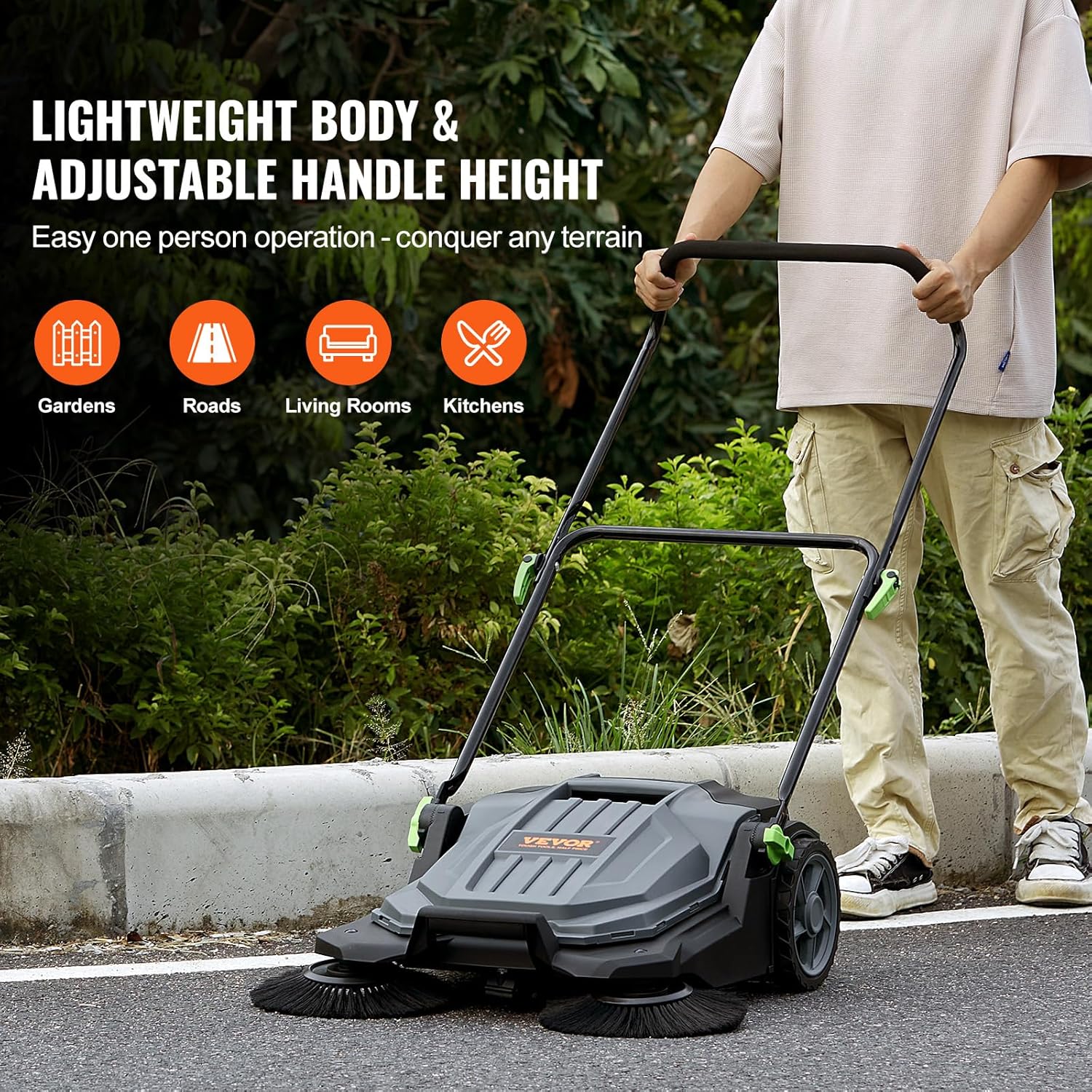 25.6" Sweeping Width Manual Non-Electric Floor Sweeper with 5-Gallon Waste Container X520