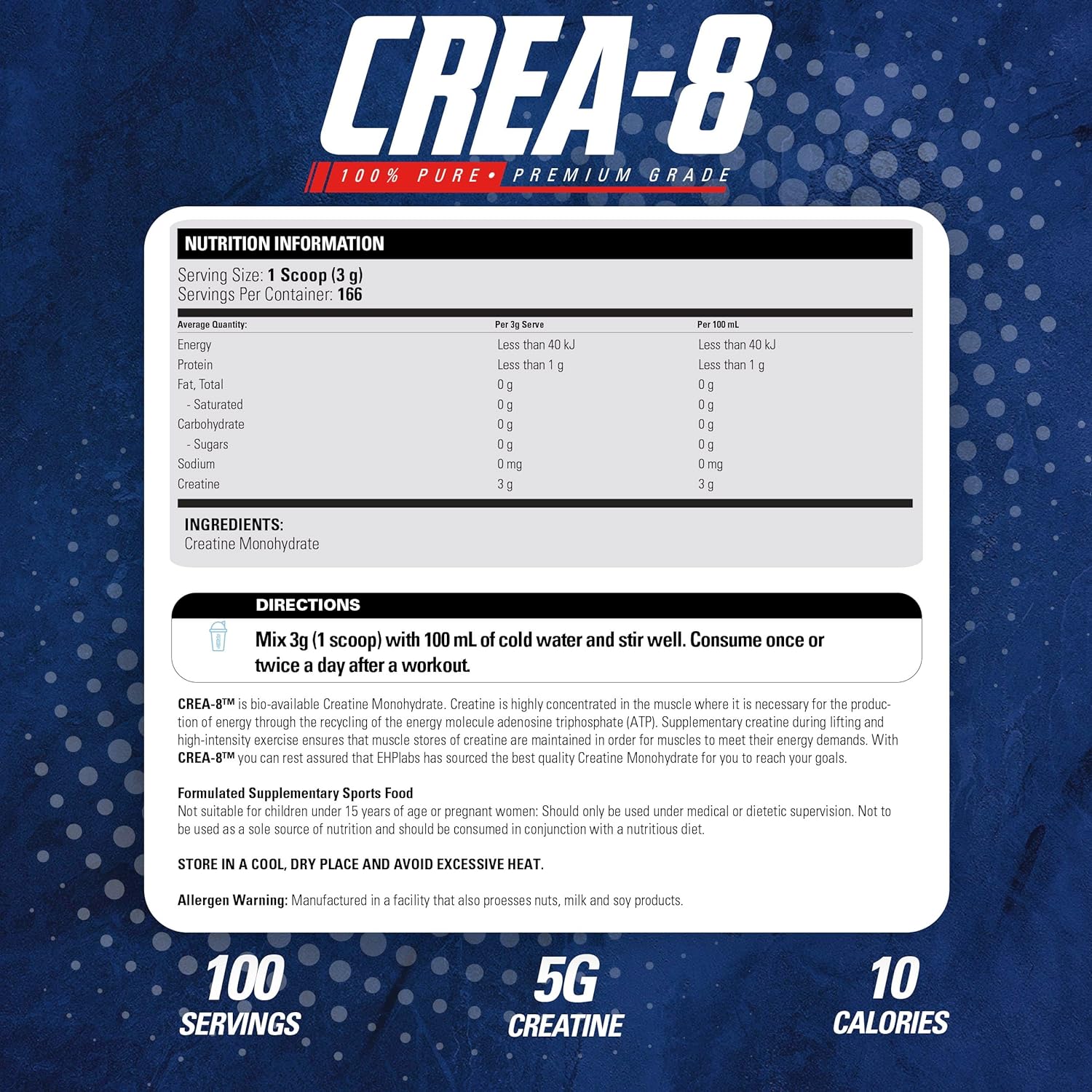 Creatine Monohydrate Powder, Unflavored - 100 Servings (500g) S2190