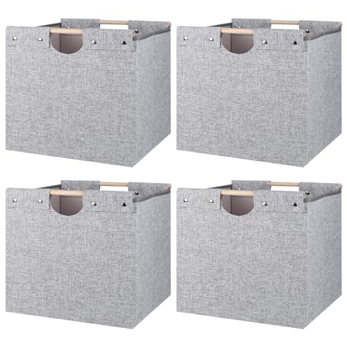 4 Pack Beige Fabric Storage Cubes with Wooden Handles G9048