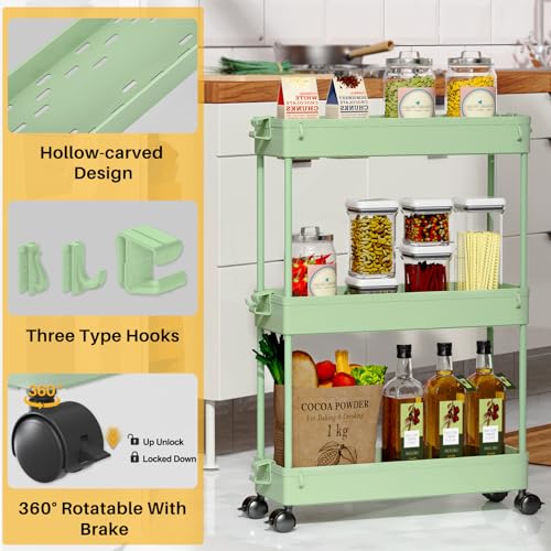 Slim Storage Cart 3 Tier Mobile Shelving Unit Rolling Utility Cart Tower Rack, Plastic & Stainless Steel C423918
