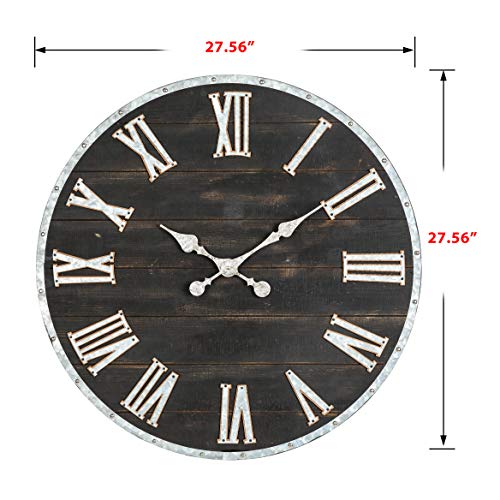 28 Inches Distressed Black Wooden Wall Clock Silent Non-Ticking Roman Numerals W444