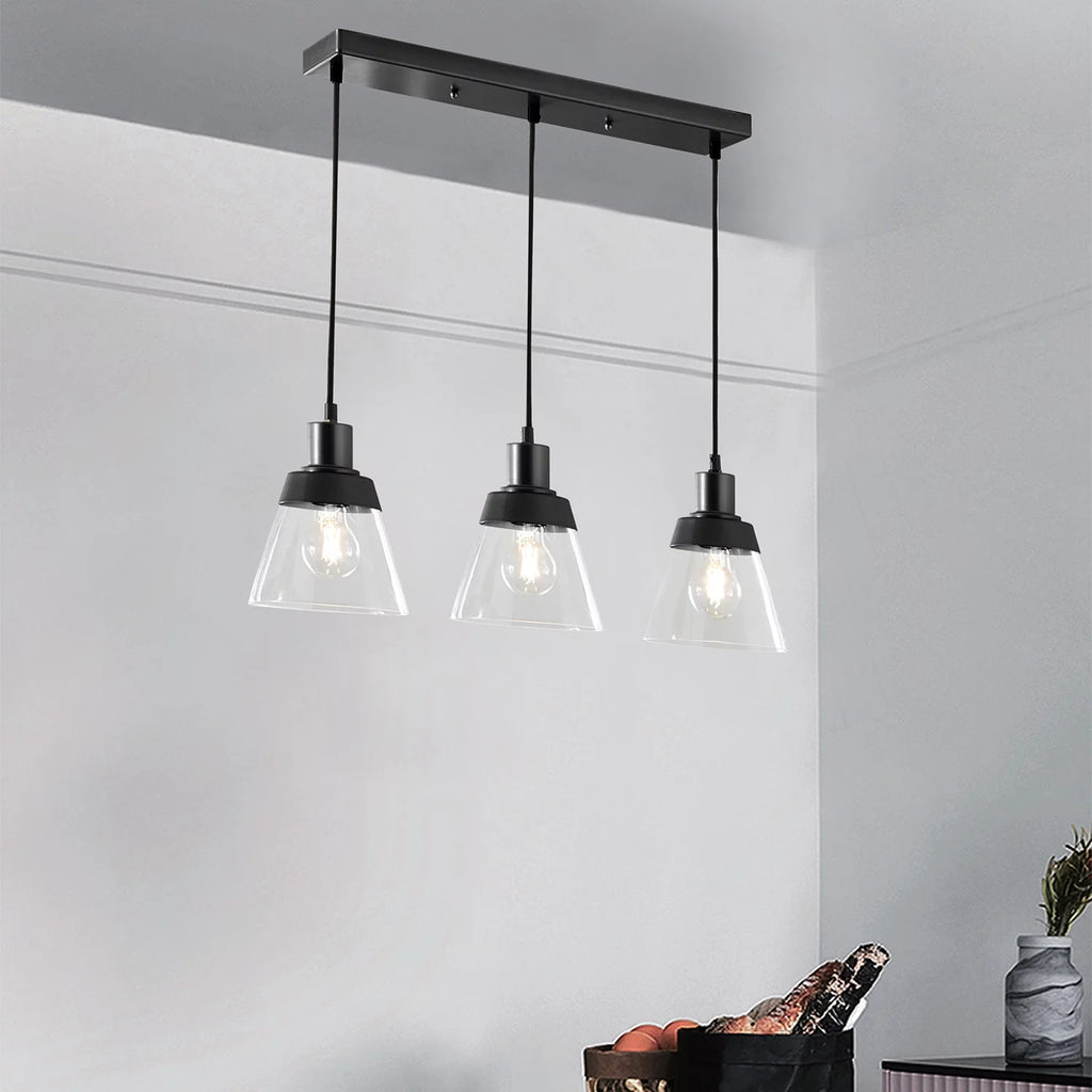 Black Finish Clear Glass 3-Light Island Pendant Light P687