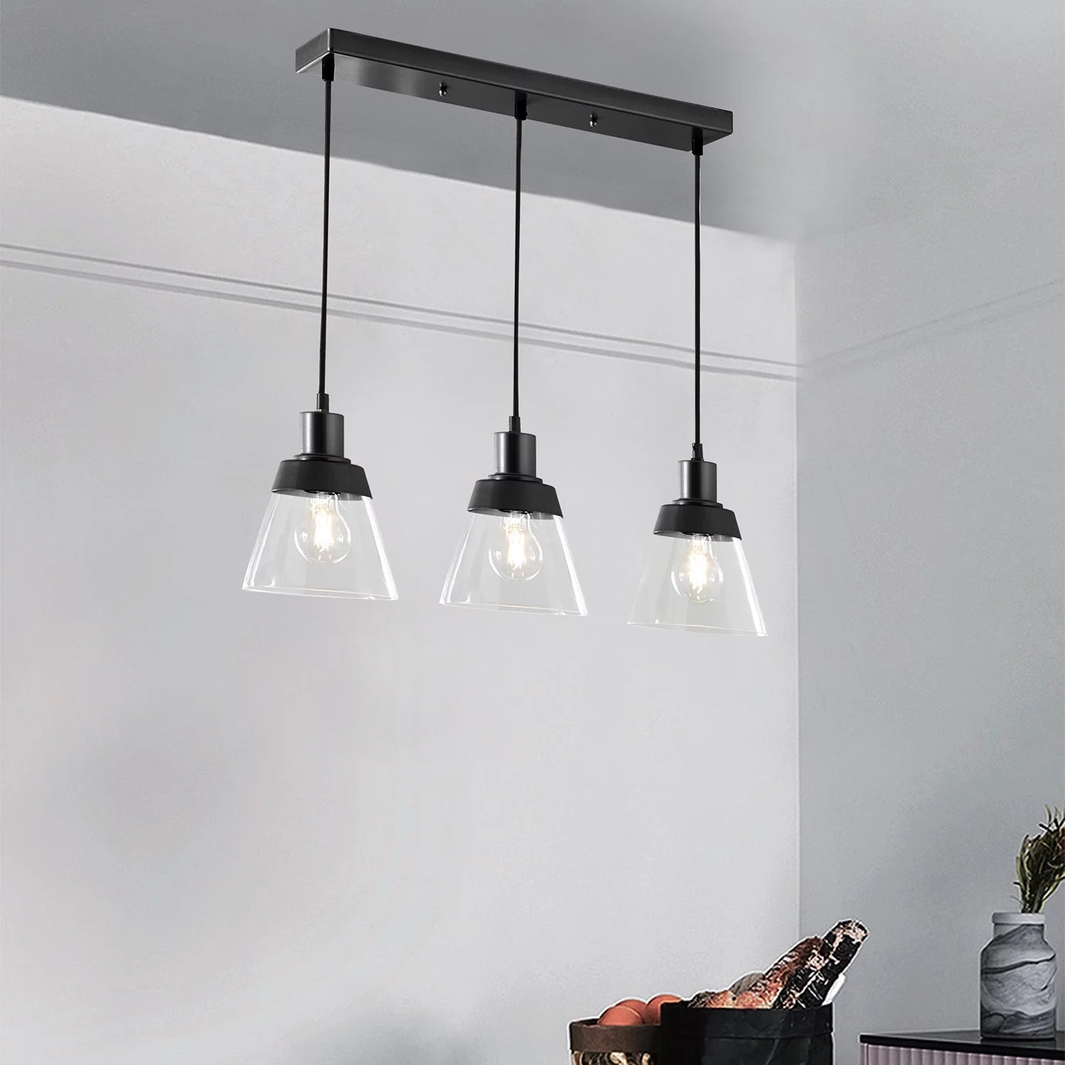 Black Finish Clear Glass 3-Light Island Pendant Light P687