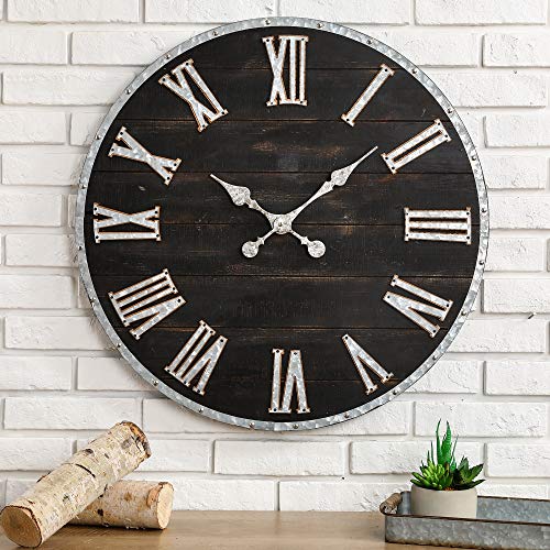 28 Inches Distressed Black Wooden Wall Clock Silent Non-Ticking Roman Numerals W444