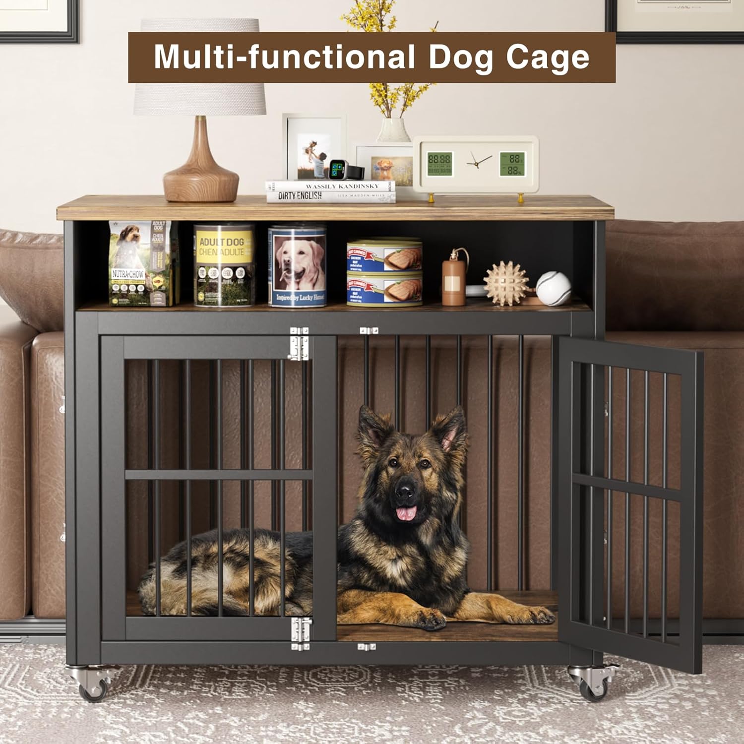 Brown Wooden Dog Crate with Wheels H910