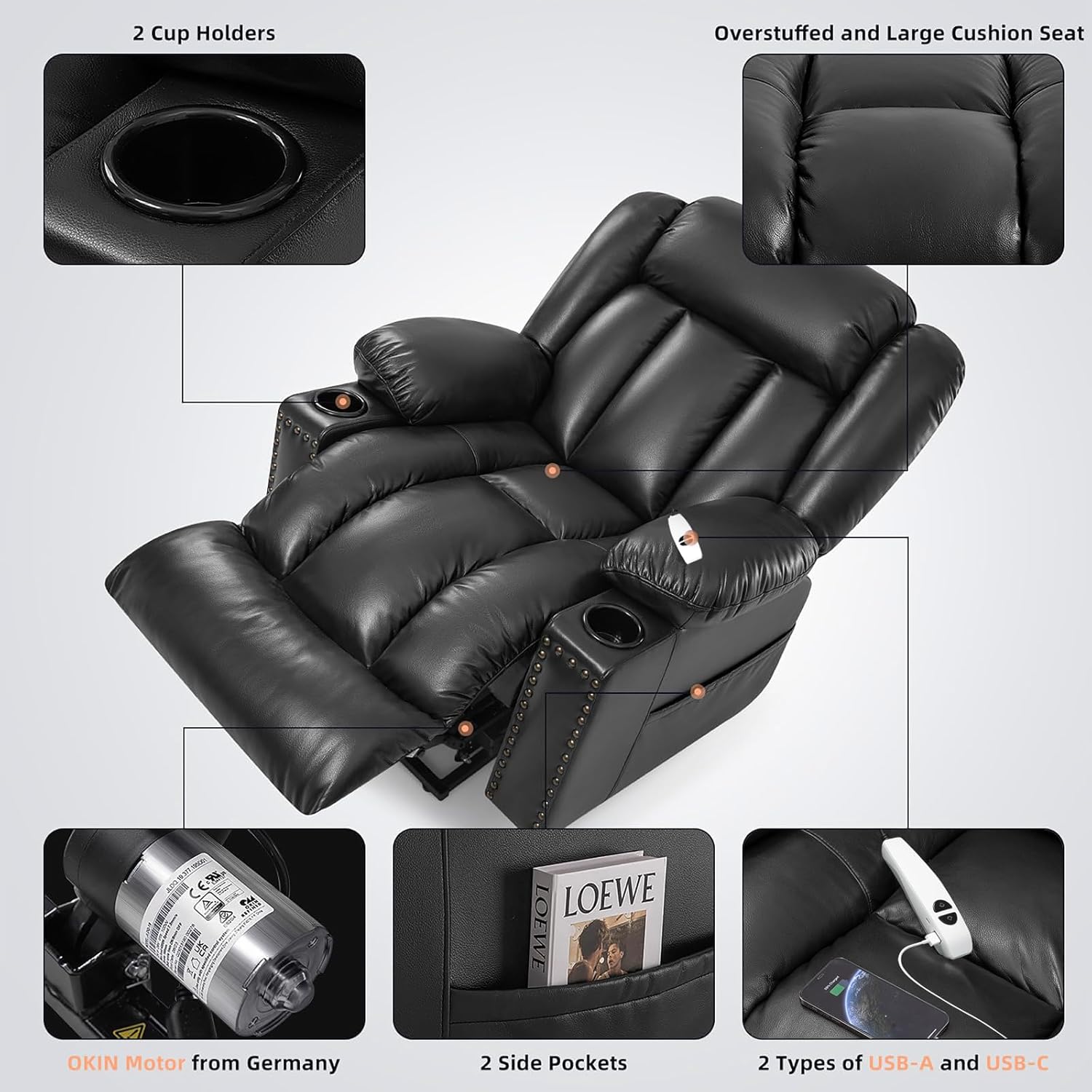 Black Dual Motor Power Lift Chair Recliner with Heat and Massage T493