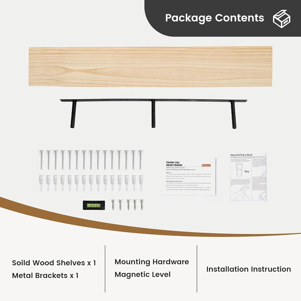 48 Inch Solid Pine Wood Floating Shelf with Metal Bracket U909843