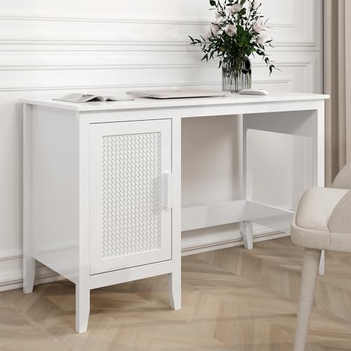 White Rattan Wood Desk with Drawers and Cabinet N564