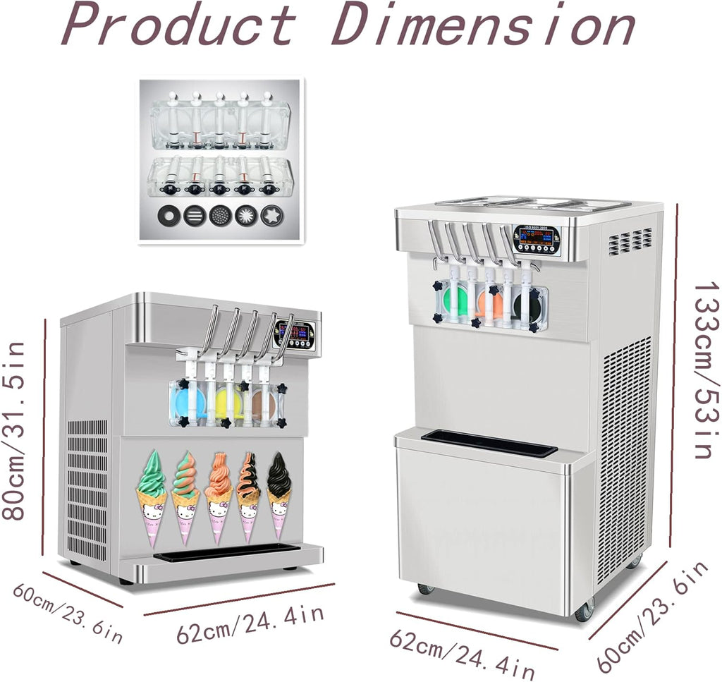 3+2 mixed Flavors Soft Serve Ice Cream Maker, 5 Flavors Ice Cream Machine with Full Transparent Discharge Door & 5 Different Shapes of Mold & Upper Tank Refrigerated N94783