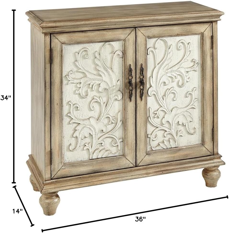 Natural Wood Finish Floral Carved 2-Door Accent Cabinet with Adjustable Shelf Q631