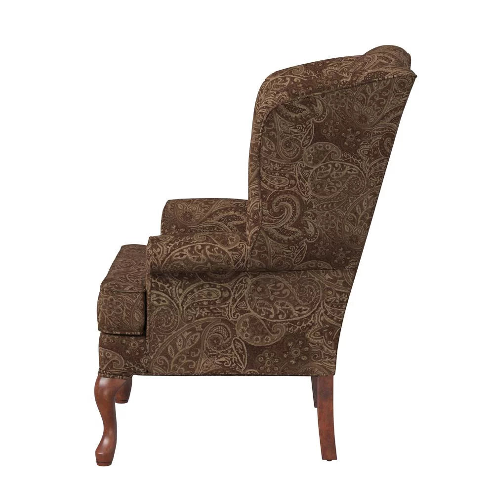 Paisley Cocoa Brown Chenille Fabric Wing Back Accent Chair L75046