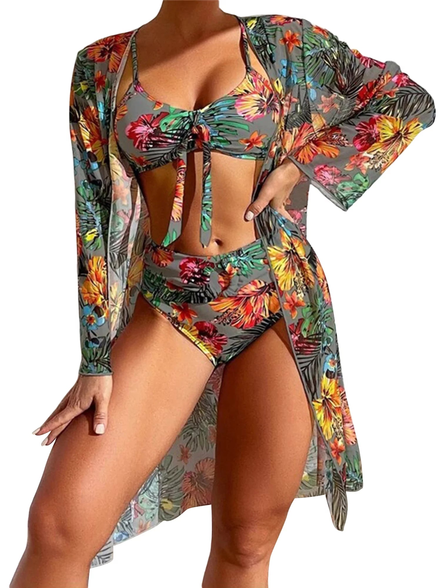 3 Pcs Floral Leaves Print Sling Padded Bra Thong Bottoms Long Sleeve Open Front Cover-Ups Bikini A96155