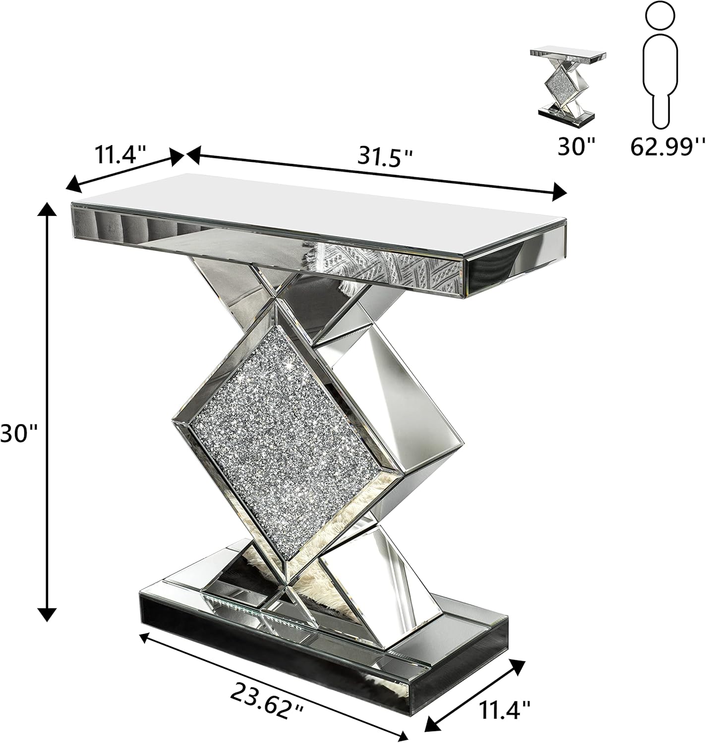 Mirrored Console Table, Silver, 31.5'' Long Accent Narrow Table O5463
