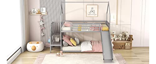 Twin Over Twin Metal Bunk Bed with Slide and Storage Staircase L768