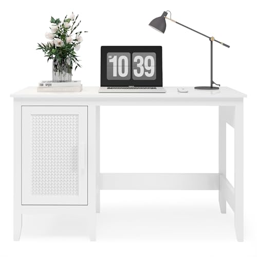 White Rattan Wood Desk with Drawers and Cabinet N564