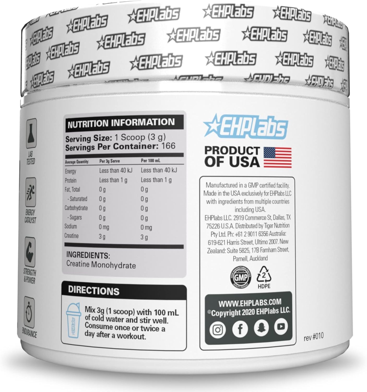 Creatine Monohydrate Powder, Unflavored - 100 Servings (500g) S2190