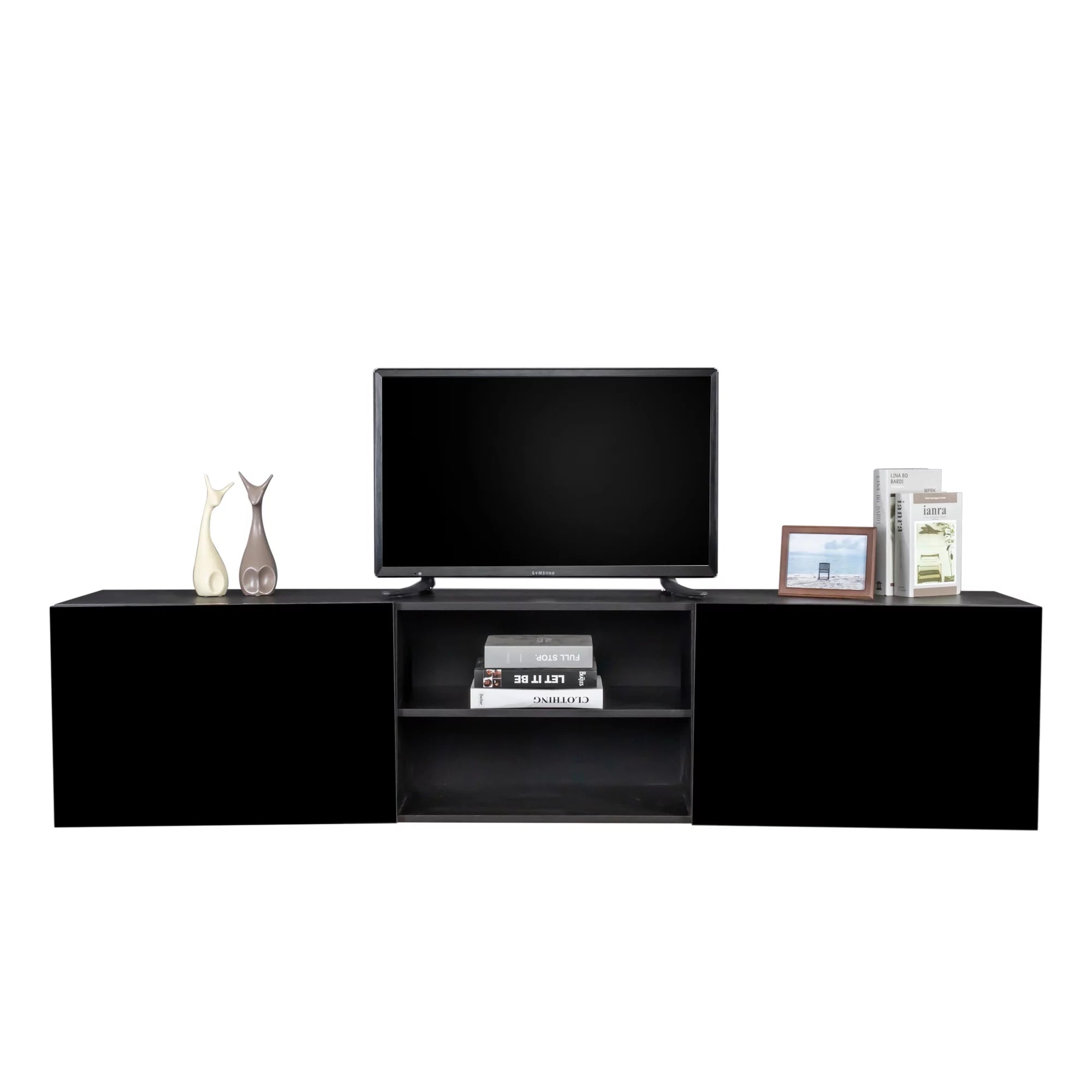 Floating TV Stand with Shelf and Clamshell Doors H1027