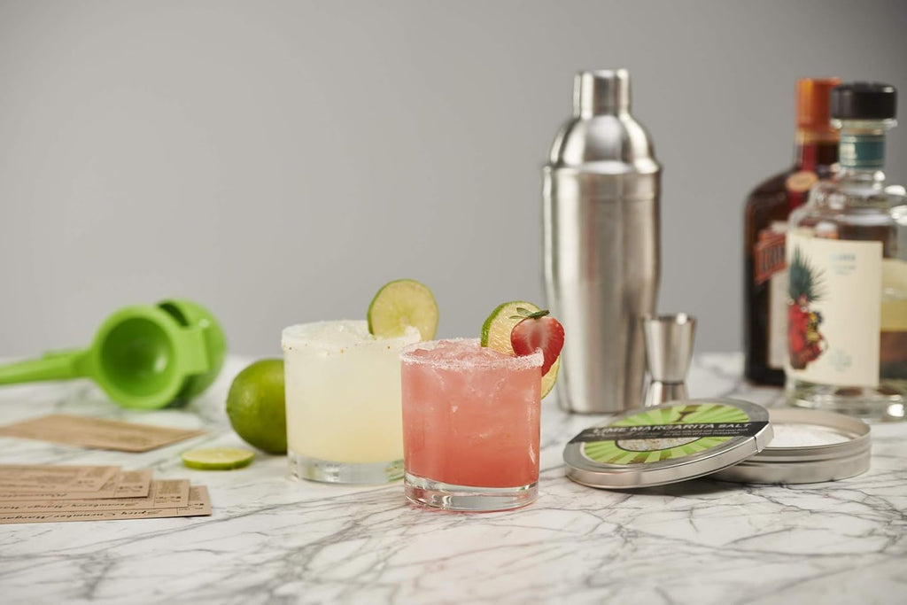 Set of Rocks Glasses, Stainless Cocktail Shaker & Jigger, Citrus Squeezer, Margarita Salt, Recipe Cards S619