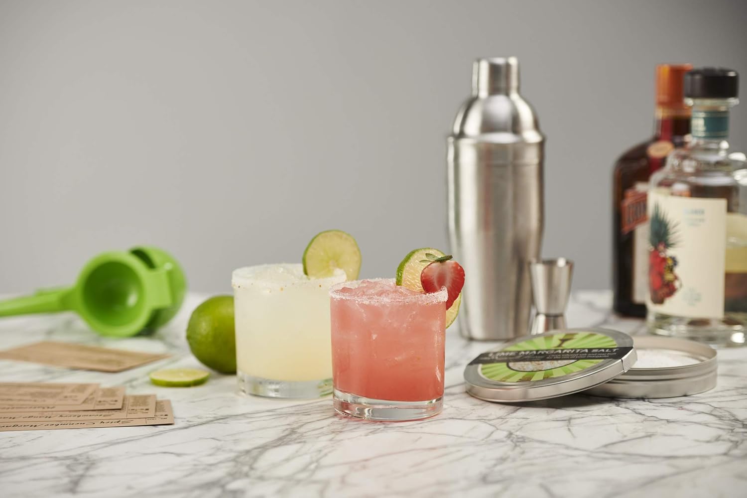 Set of Rocks Glasses, Stainless Cocktail Shaker & Jigger, Citrus Squeezer, Margarita Salt, Recipe Cards S619