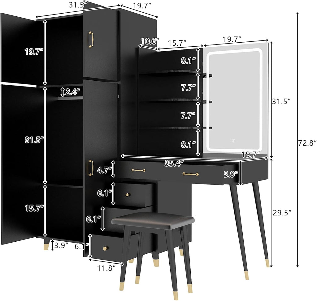 Black Vanity Desk with 4 Door Closet, Lights Mirror, Stool Set, Storage Cabinet 170 x 50 x 185CM M460819