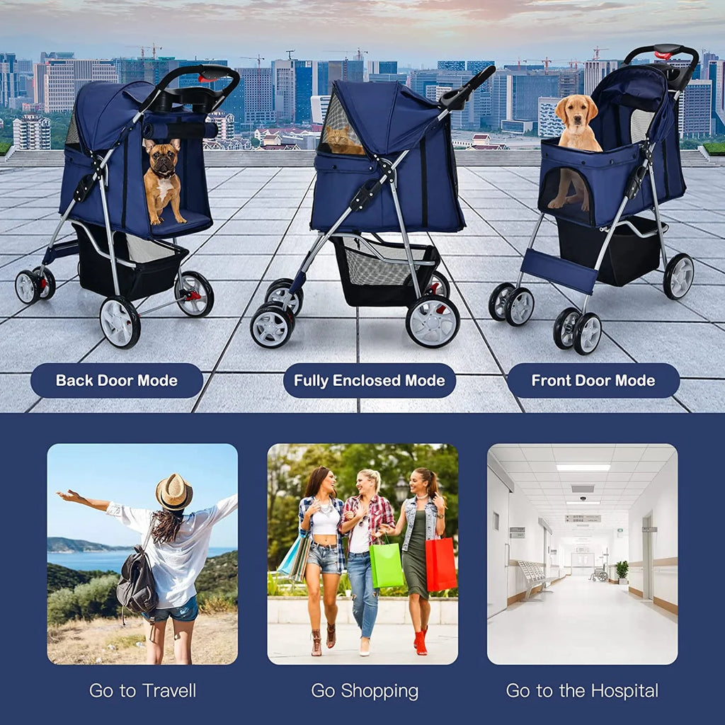 Navy Pet Stroller with 4 Lockable Wheels and Removable Liner R801