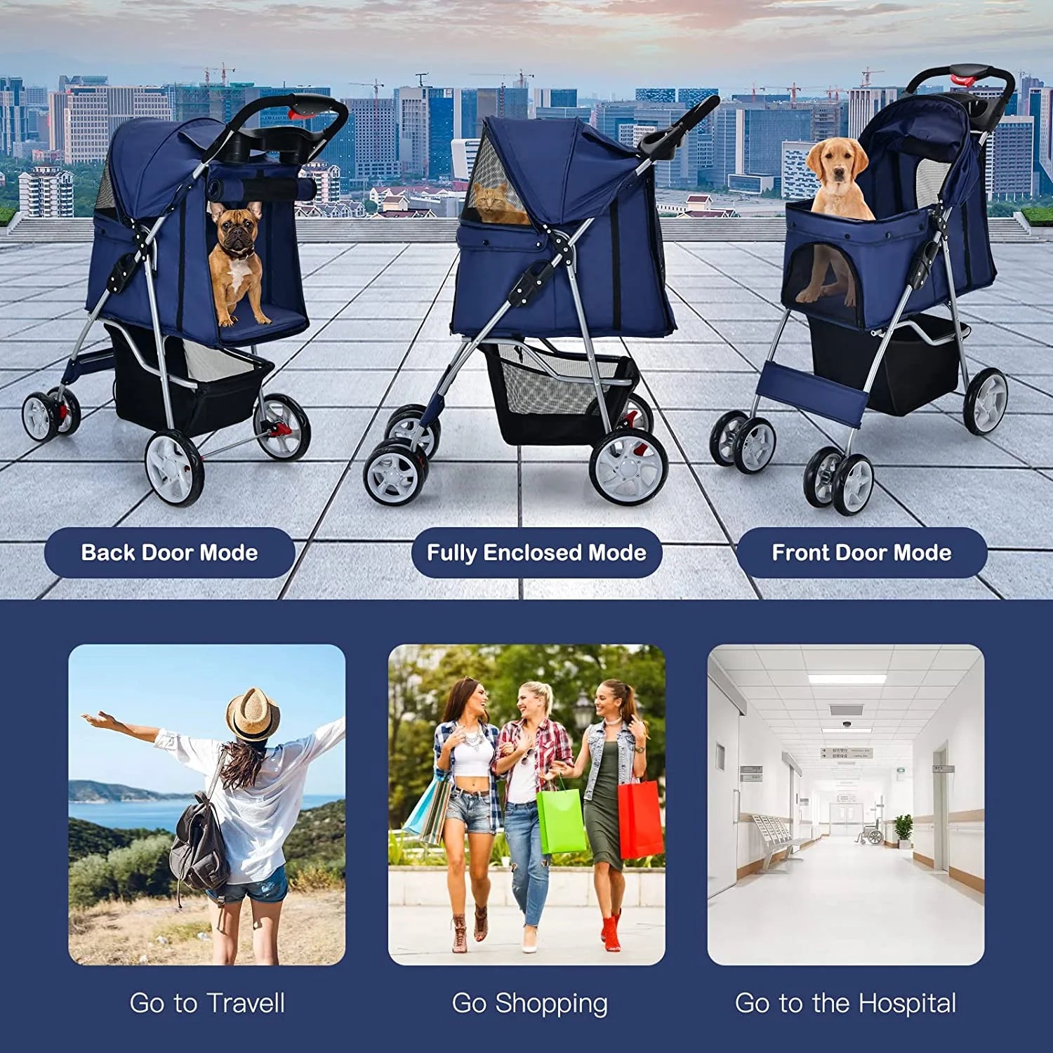 Navy Pet Stroller with 4 Lockable Wheels and Removable Liner R801