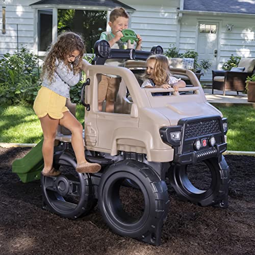 Safari Truck Climber Playset with Slide, Climbing Wall, Steering Wheel, and Binoculars, Brown B237763