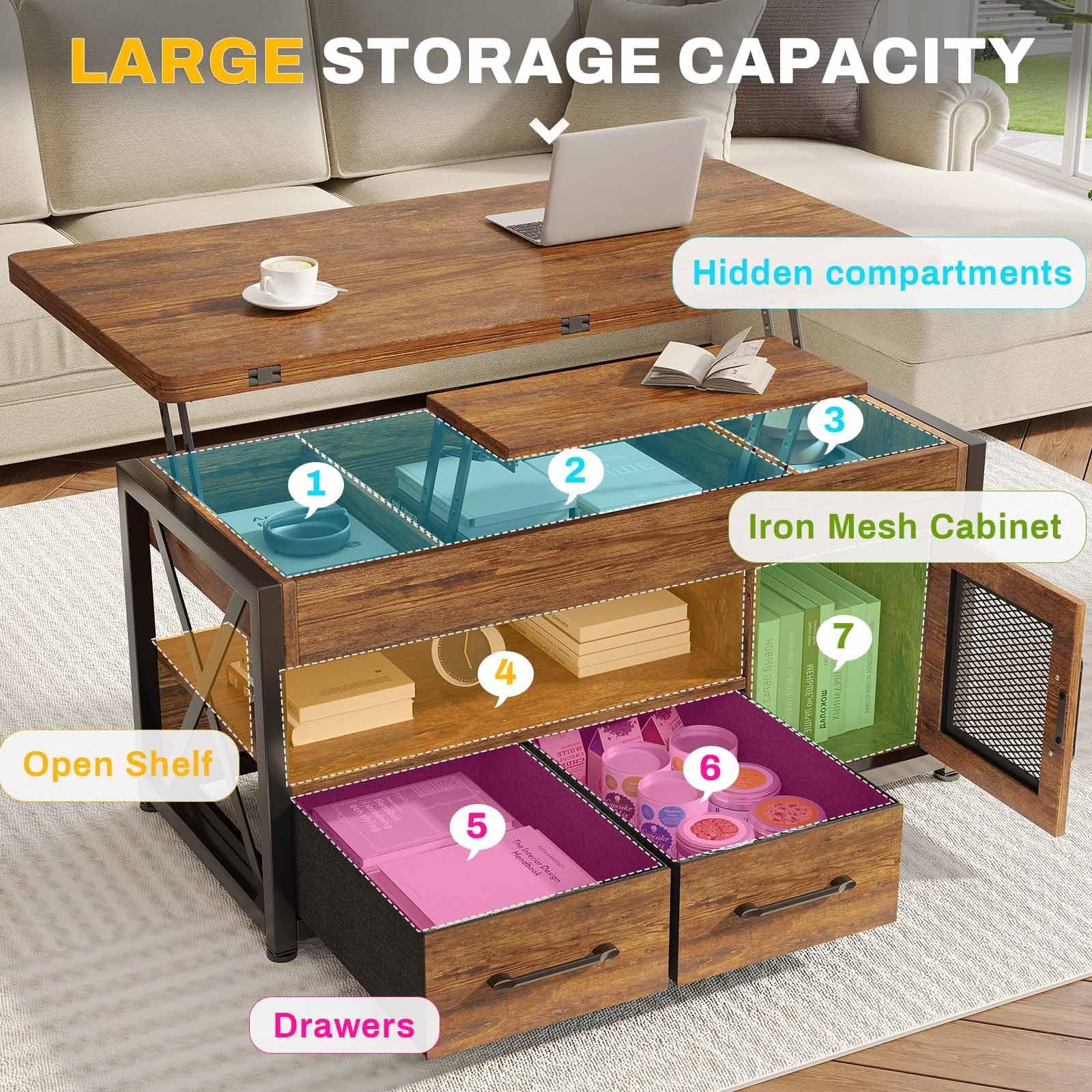40" Lift Top Coffee Table with Storage Cabinet, 2 Fabric Drawers and LED Light, Rustic Brown D42404