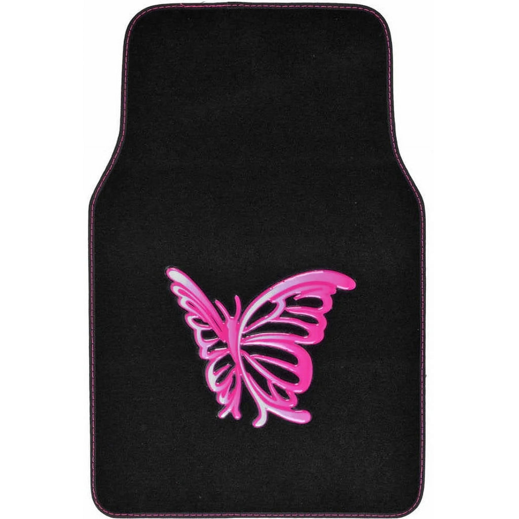 Pink Butterfly Design Carpet Car Floor Mats Full Set with Rubber Backing W424
