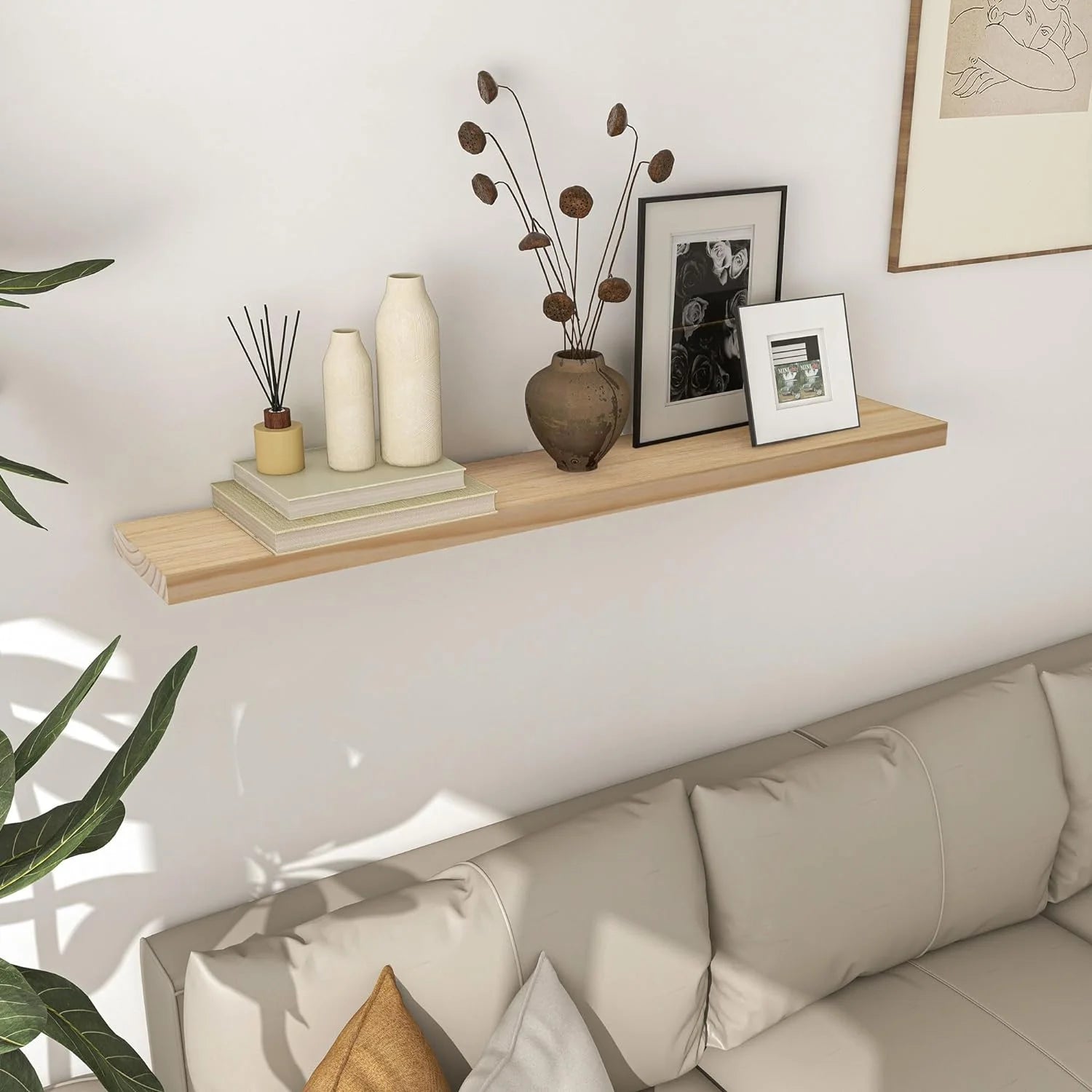 48 Inch Solid Pine Wood Floating Shelf with Metal Bracket U909843