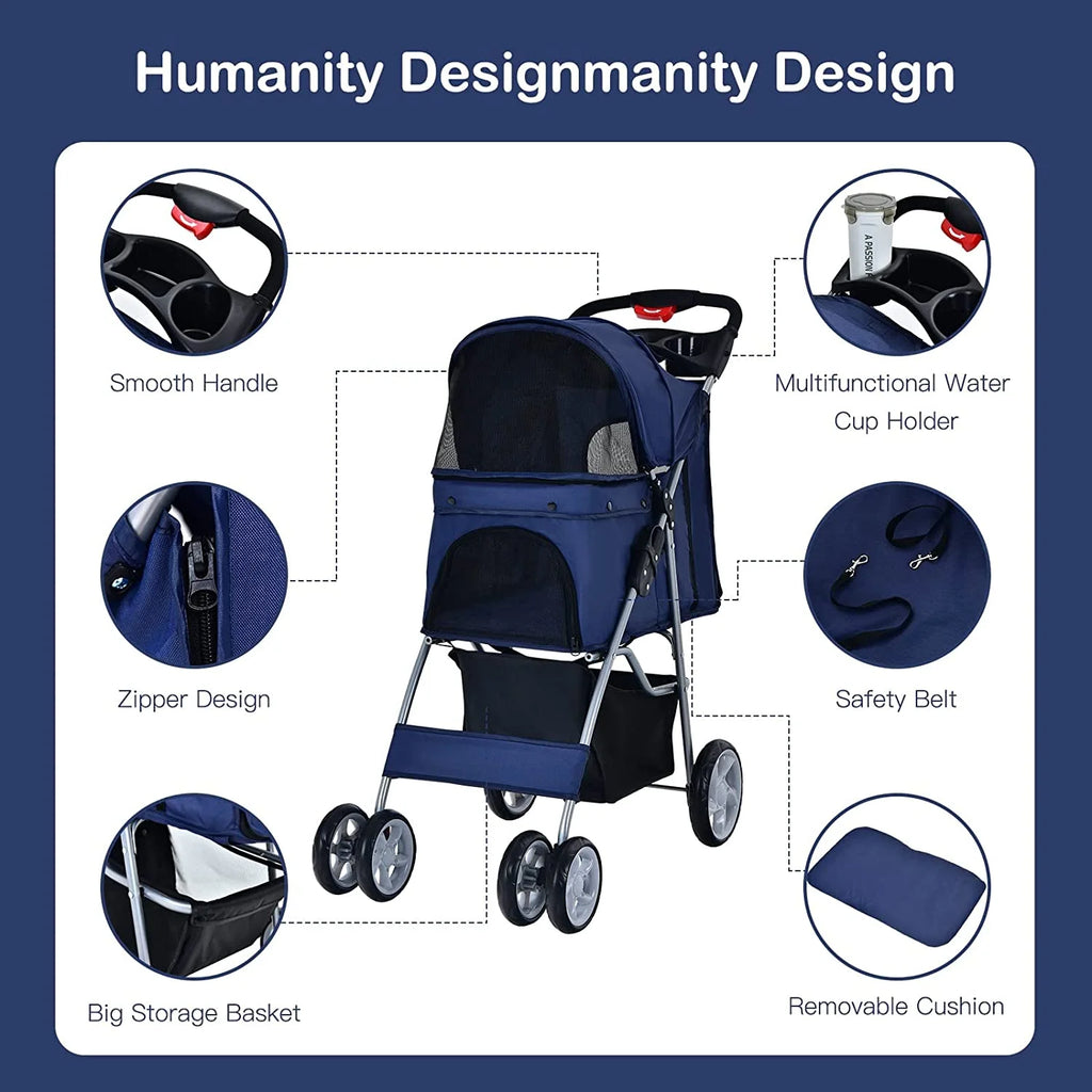 Navy Pet Stroller with 4 Lockable Wheels and Removable Liner R801