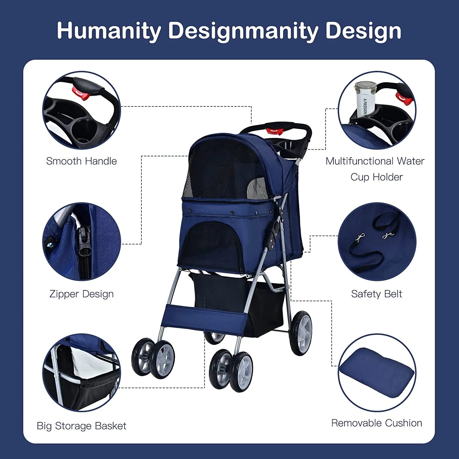 Navy Pet Stroller with 4 Lockable Wheels and Removable Liner R801