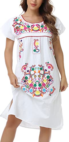 Women Mexican Embroidered Long Maxi Boho Floral Summer Short Sleeve Dress J3611