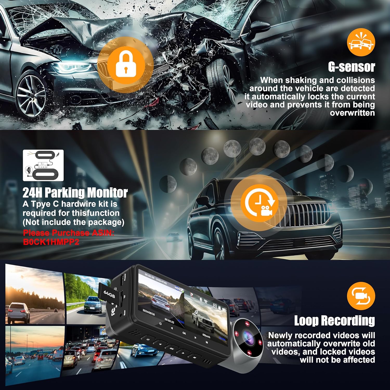 64GB Card 4K Dash Cam Front Rear Inside with GPS D5308