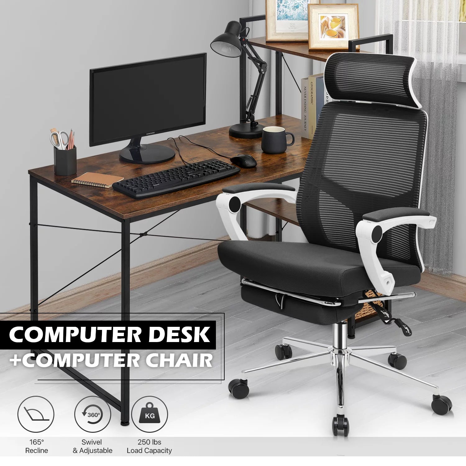 Black Computer Desk and Chair Set with Bookshelf J24218