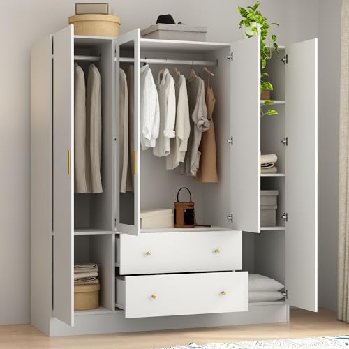 Black Brown 4-Door Armoire with Mirror, 2 Drawers, 2 Hanging Bars & 7 Shelves V131656