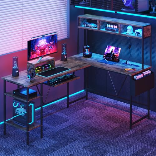 L Shaped Gaming Desk with LED Lights and Power Outlet, Grey T975