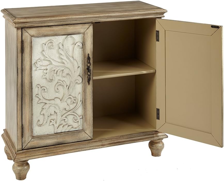 Natural Wood Finish Floral Carved 2-Door Accent Cabinet with Adjustable Shelf Q631