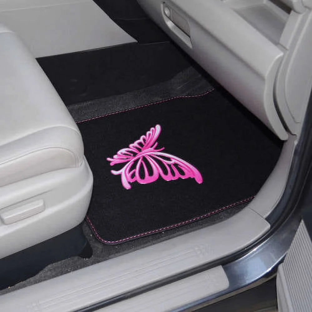 Pink Butterfly Design Carpet Car Floor Mats Full Set with Rubber Backing W424