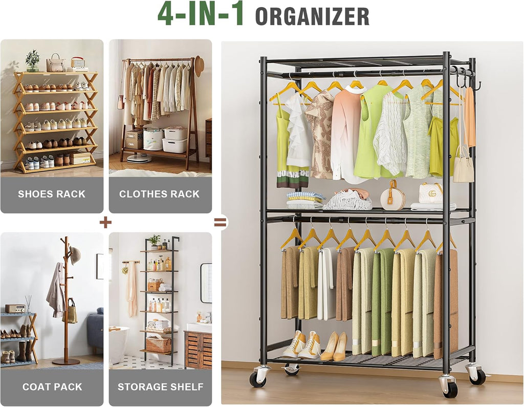 Heavy Duty Metal Rolling Clothes Rack with Double Rods & 3 Wire Shelves X99438