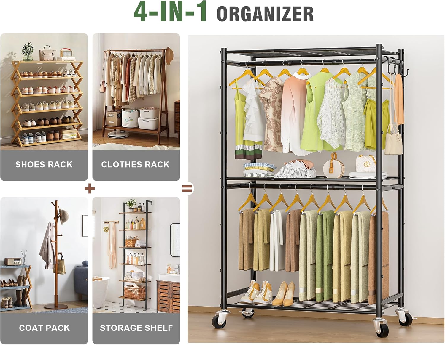 Heavy Duty Metal Rolling Clothes Rack with Double Rods & 3 Wire Shelves X99438