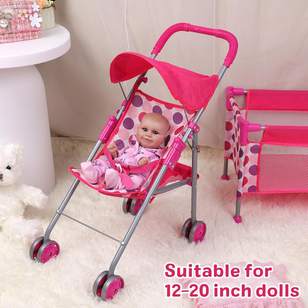 5 Pcs Reborn Baby Doll Accessories Play Set with Baby Doll Stroller, Baby Doll Crib, Play Mat, Diaper Bag, Activity Mat P2409
