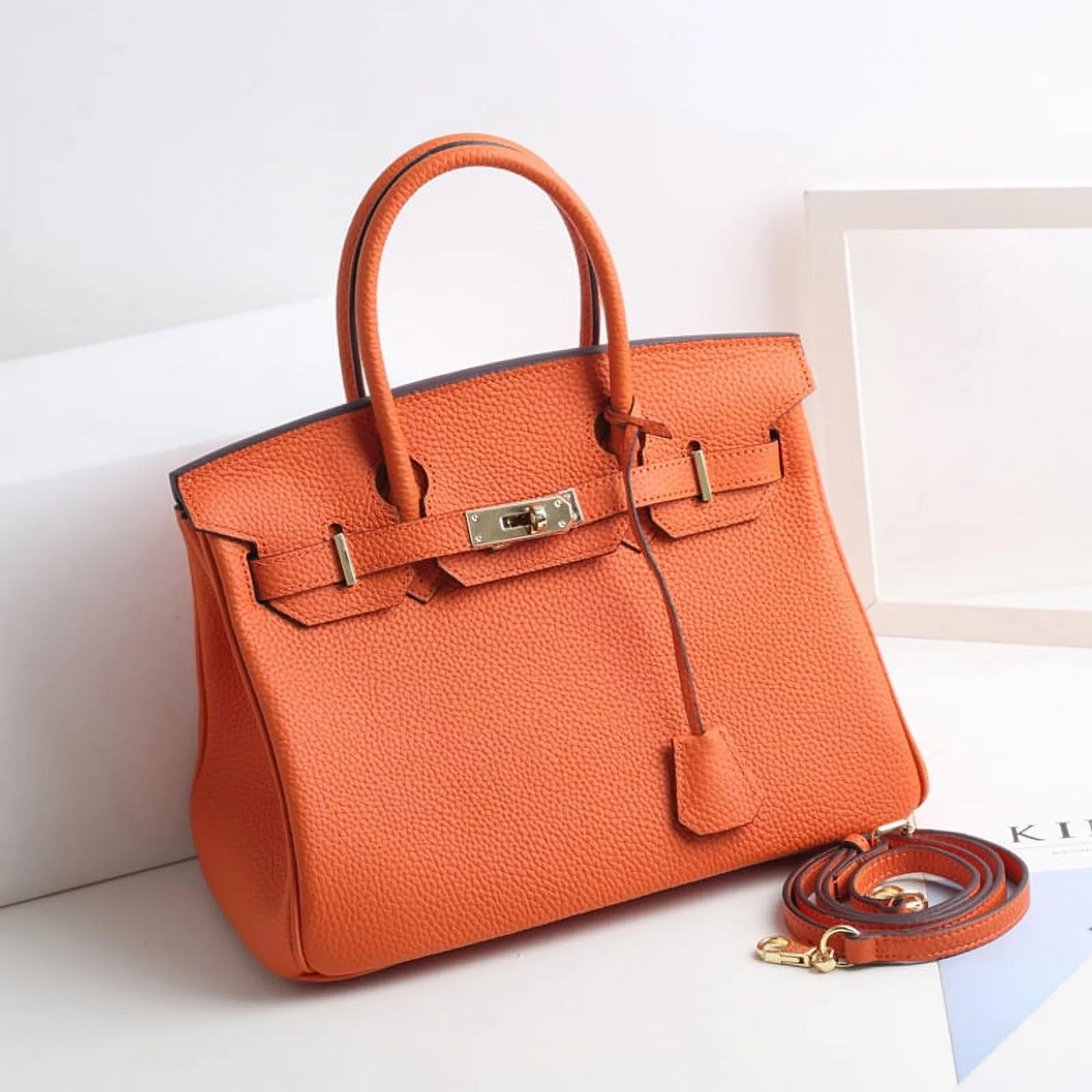 Genuine Leather Tote Shoulder Bag Orange U410