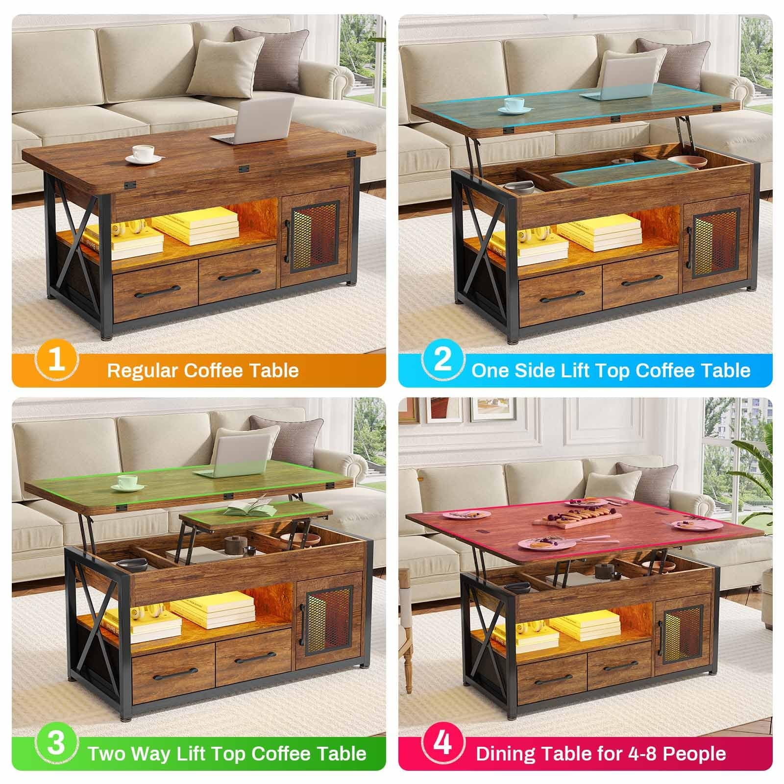 40" Lift Top Coffee Table with Storage Cabinet, 2 Fabric Drawers and LED Light, Rustic Brown D42404