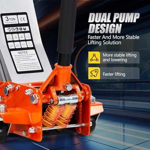 Low Profile Floor Jack, Dual Pistons Quick Lift Pump, Orange N727916