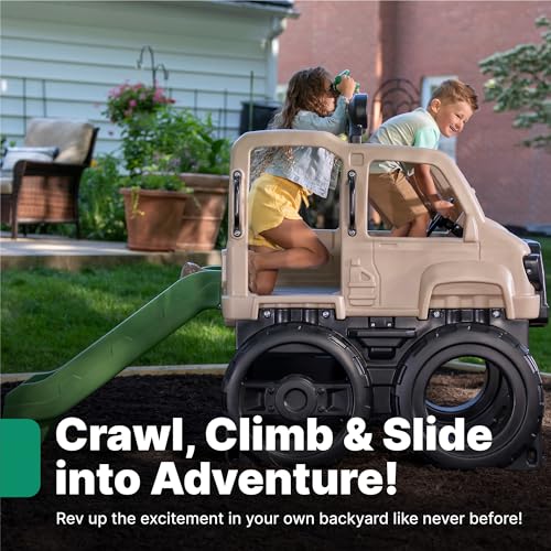 Safari Truck Climber Playset with Slide, Climbing Wall, Steering Wheel, and Binoculars, Brown B237763